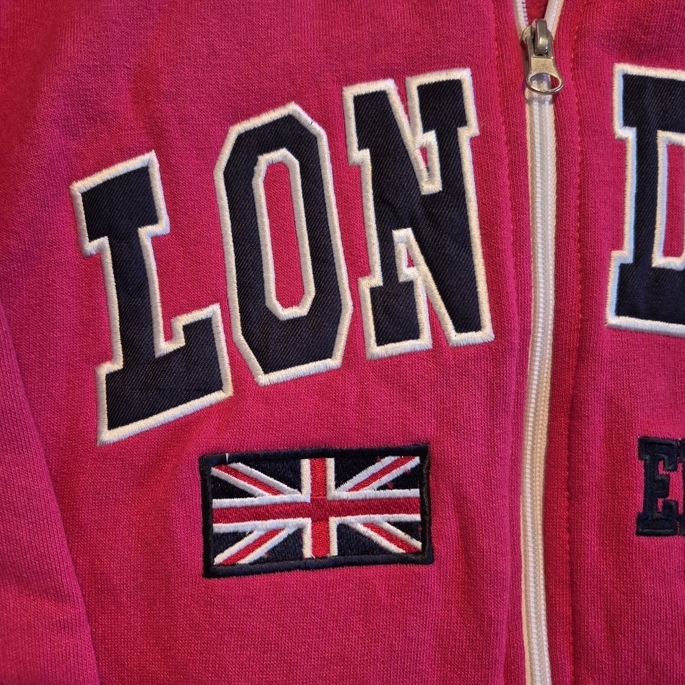 London England girls size 11/12 pink hoodie, mark on back of sleeve, VGUC - Picture 2 of 6